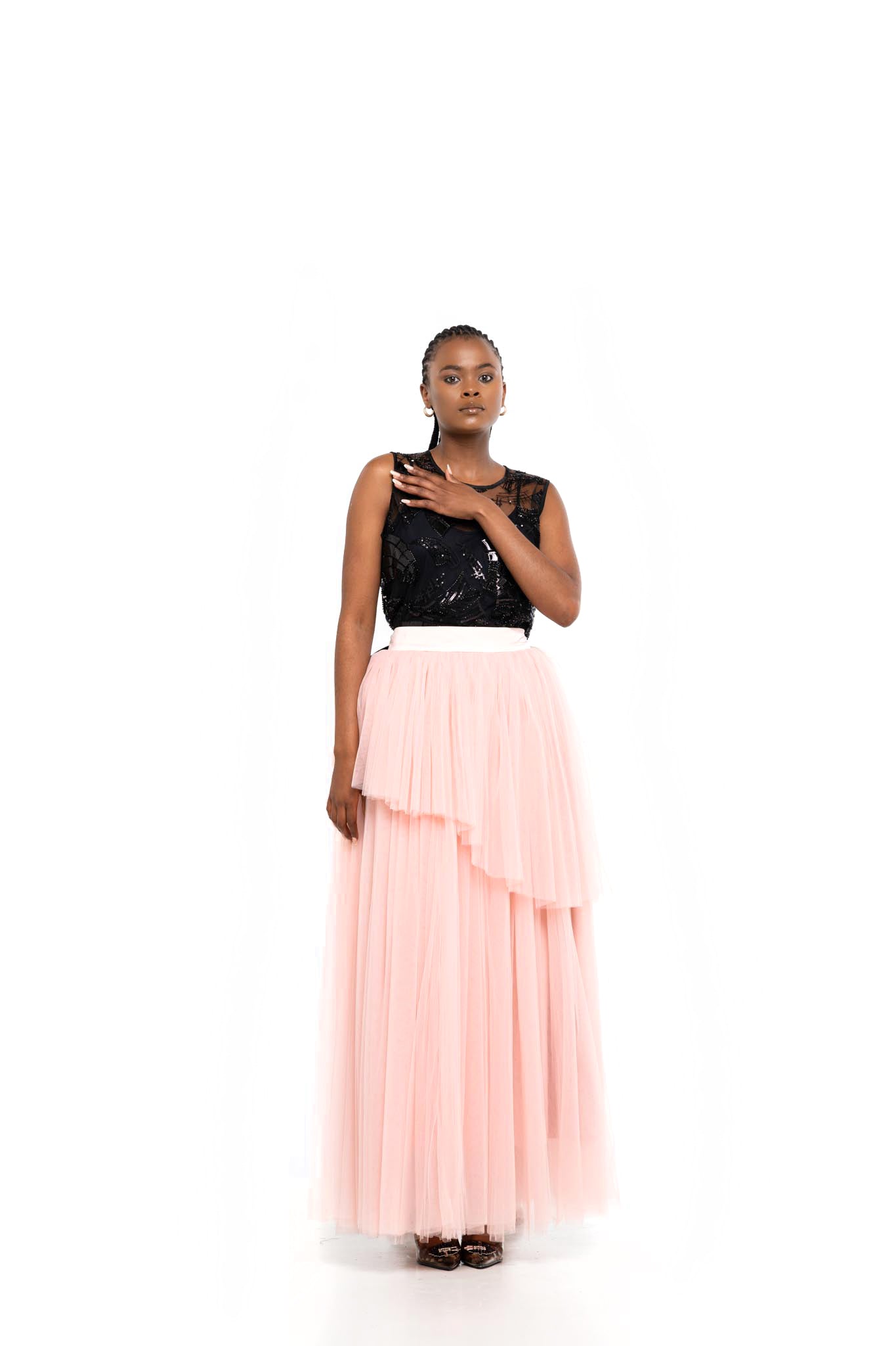 Asymmetrical Layered Tulle Skirt (Soft Pink)