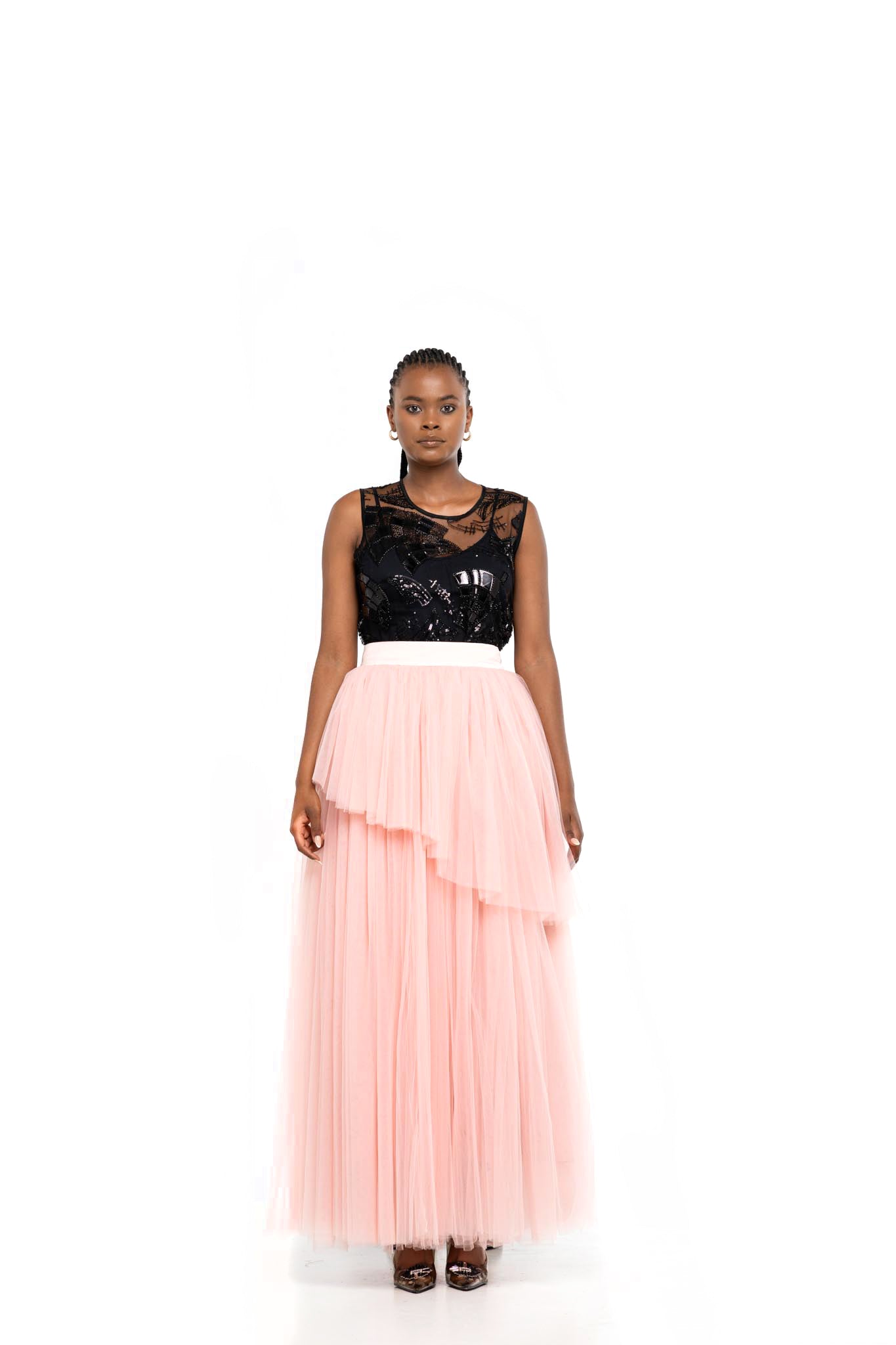 Asymmetrical Layered Tulle Skirt (Soft Pink)